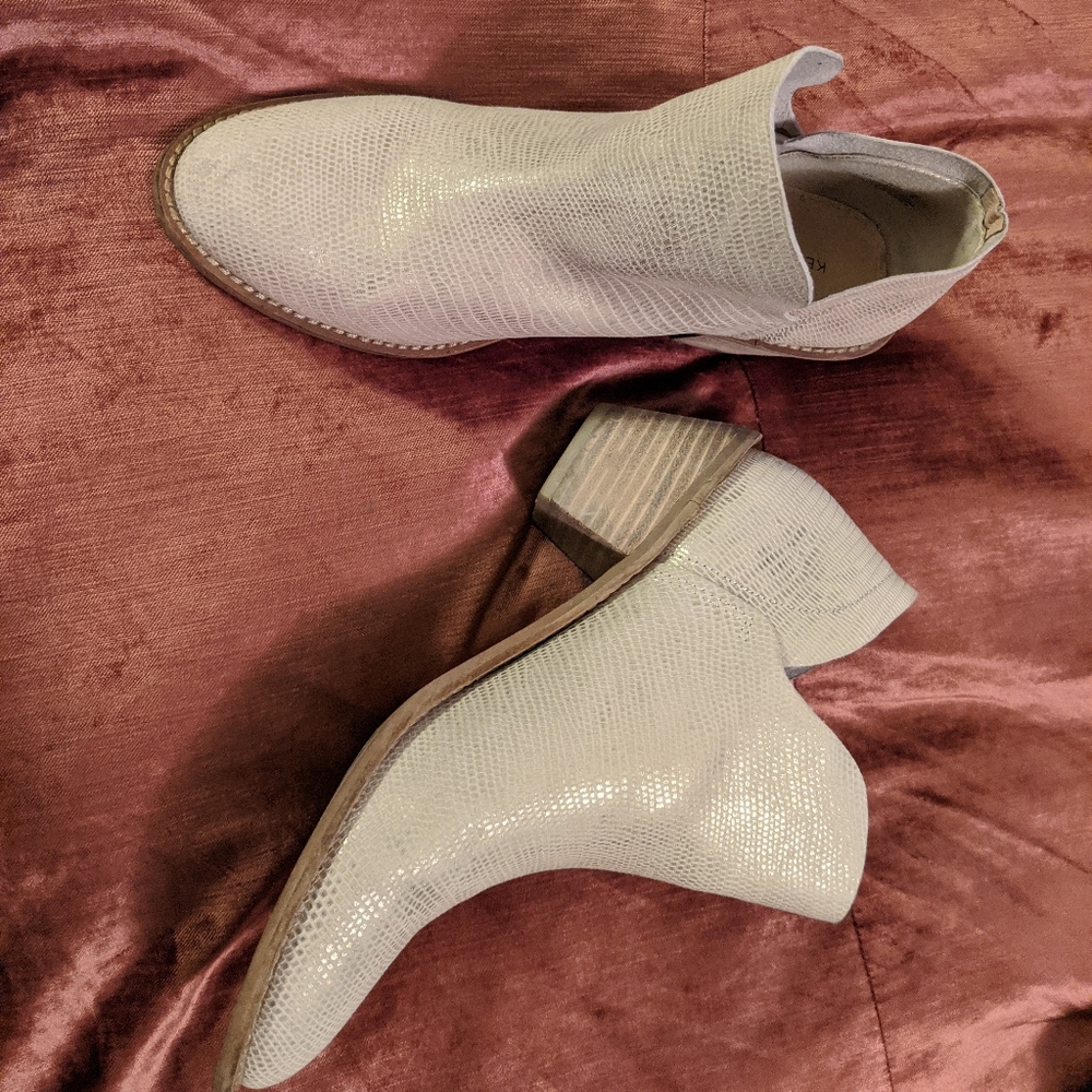 Kelsi Dagger silvery white snakeskin ankle boots